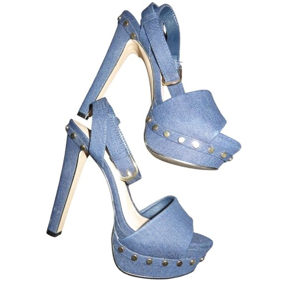 Shoedazzle Alana Chambray Blue Denim Studded Slingback Platform Heels size 8.5 t - Picture 5 of 12